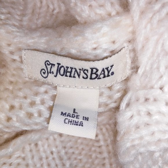 St Johns Bay Sweater Large Ivory Cream Chunky Knit Turtleneck Cowl Neck Pullover - Picture 8 of 9